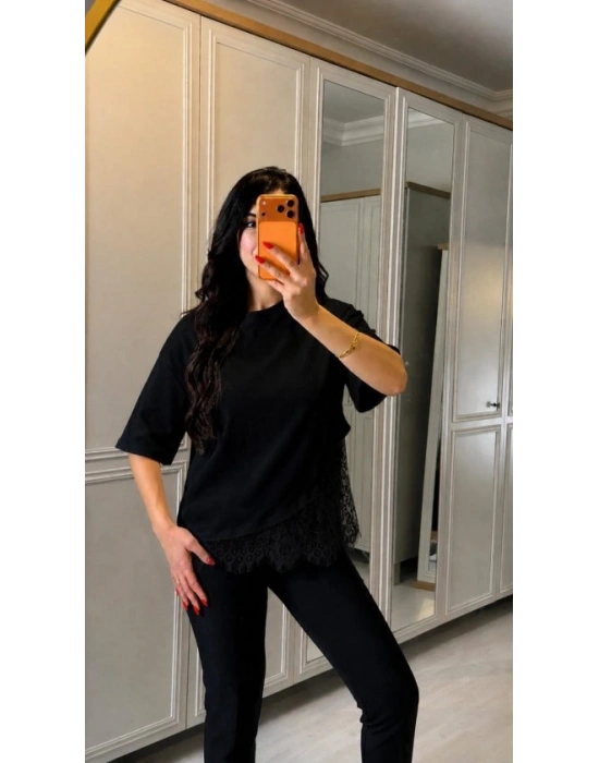 Kadın Kısa Kollu Bisiklet Yakalı Dantel Detaylı Viskon Iki Iplik Bluz