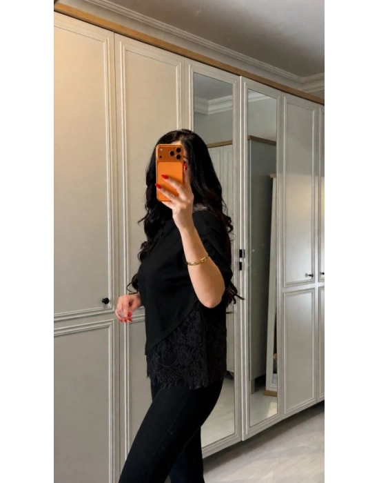 Kadın Kısa Kollu Bisiklet Yakalı Dantel Detaylı Viskon Iki Iplik Bluz