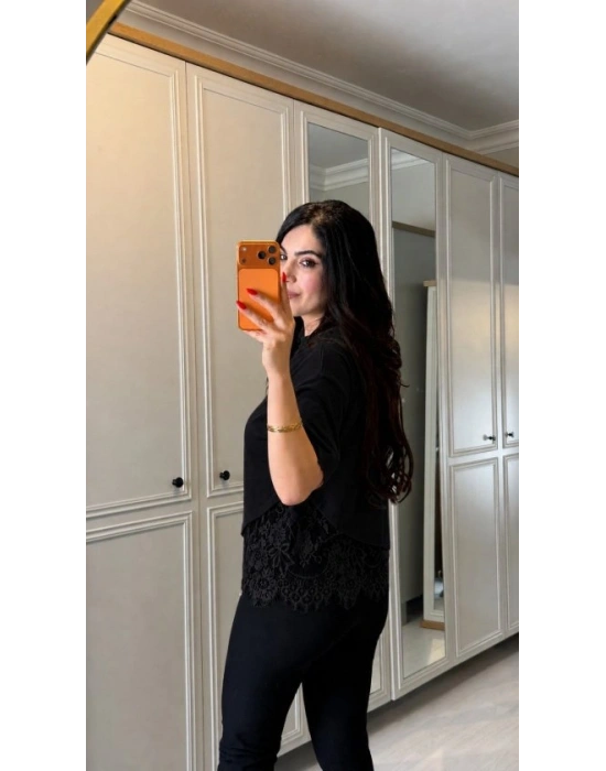 Kadın Kısa Kollu Bisiklet Yakalı Dantel Detaylı Viskon Iki Iplik Bluz