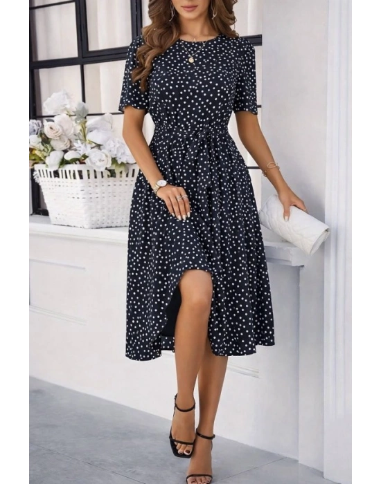 Kadın Kısa Kollu Bisiklet Yakalı Puantiyeli Kısa Süprem Elbise