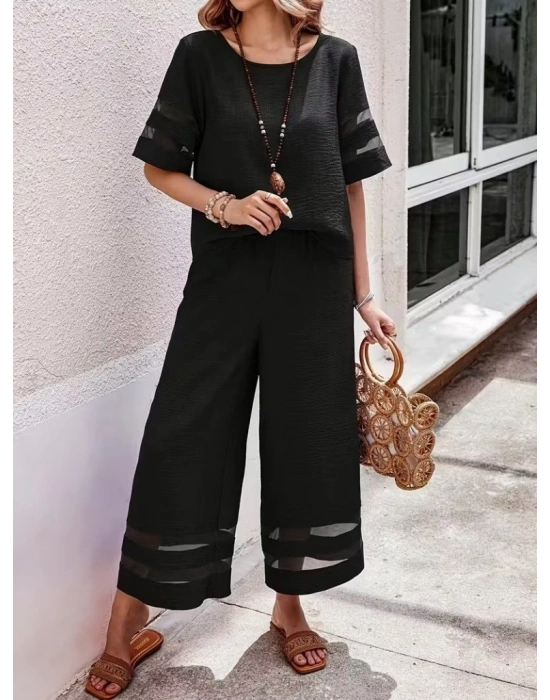 Kadın Kısa Kollu Bisiklet Yakalı Tül şerit Detaylı Bluz Ve Pantolon Ikili Takım