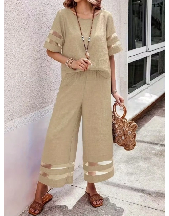 Kadın Kısa Kollu Bisiklet Yakalı Tül şerit Detaylı Bluz Ve Pantolon Ikili Takım