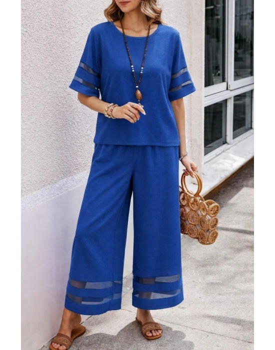 Kadın Kısa Kollu Bisiklet Yakalı Tül şerit Detaylı Bluz Ve Pantolon Ikili Takım