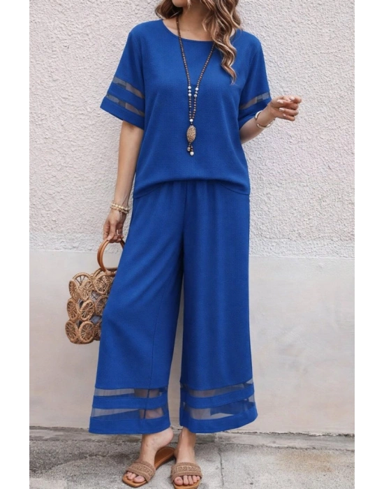 Kadın Kısa Kollu Bisiklet Yakalı Tül şerit Detaylı Bluz Ve Pantolon Ikili Takım