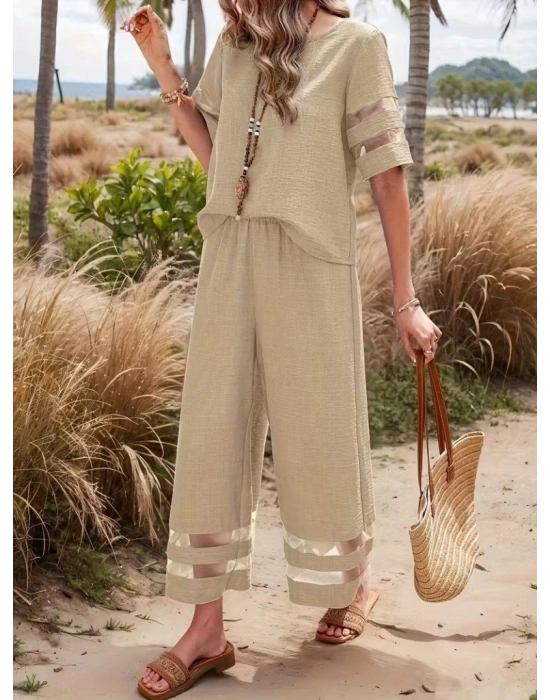 Kadın Kısa Kollu Bisiklet Yakalı Tül şerit Detaylı Bluz Ve Pantolon Ikili Takım