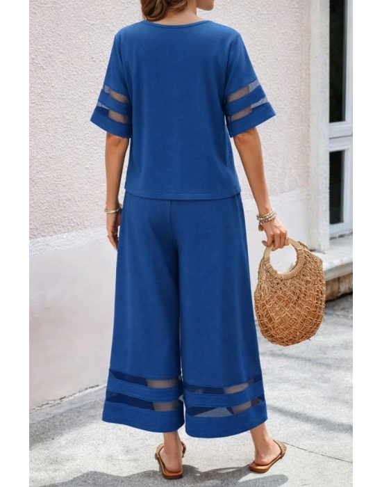 Kadın Kısa Kollu Bisiklet Yakalı Tül şerit Detaylı Bluz Ve Pantolon Ikili Takım