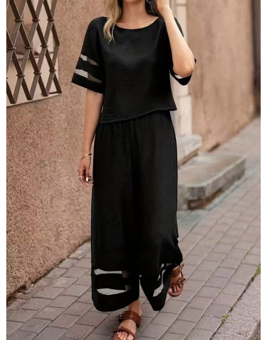 Kadın Kısa Kollu Bisiklet Yakalı Tül şerit Detaylı Bluz Ve Pantolon Ikili Takım