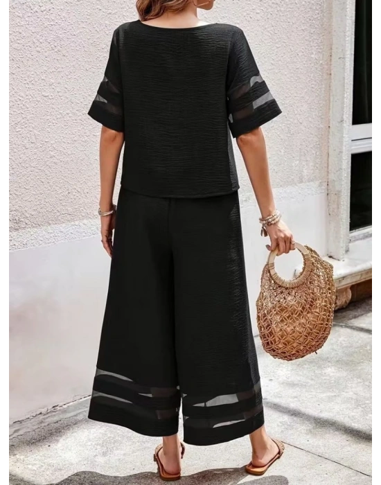 Kadın Kısa Kollu Bisiklet Yakalı Tül şerit Detaylı Bluz Ve Pantolon Ikili Takım