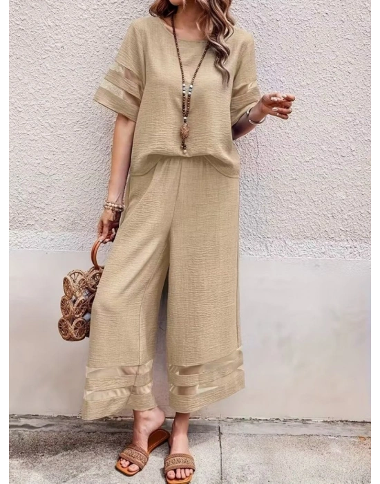 Kadın Kısa Kollu Bisiklet Yakalı Tül şerit Detaylı Bluz Ve Pantolon Ikili Takım