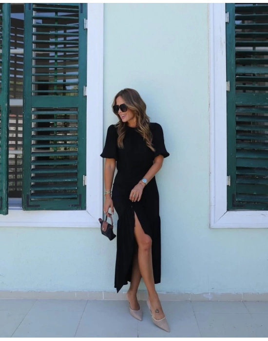 Kadın Kısa Kollu Bisiklet Yakalı Yandan Yırtmaçlı Büzgülü Janjan Krep Elbise