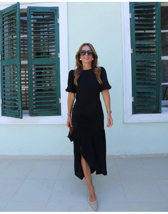 Kadın Kısa Kollu Bisiklet Yakalı Yandan Yırtmaçlı Büzgülü Janjan Krep Elbise