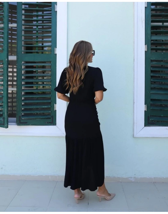 Kadın Kısa Kollu Bisiklet Yakalı Yandan Yırtmaçlı Büzgülü Janjan Krep Elbise