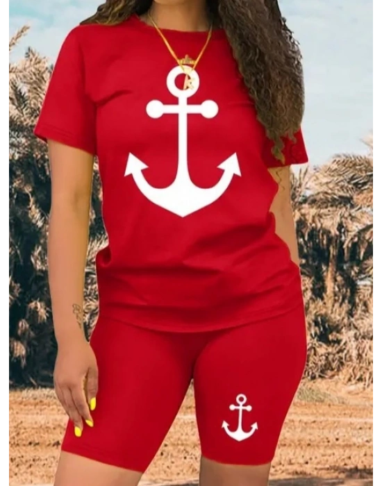 Kadın Kısa Kollu çapa Baskılı Viskon Ikili Takım