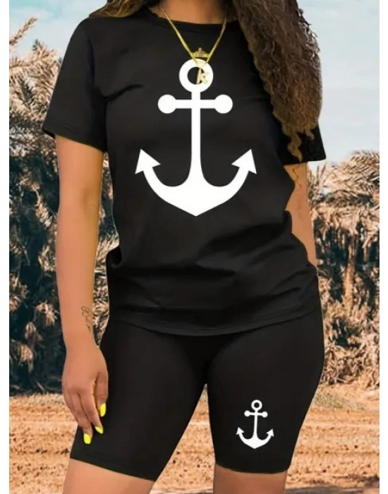 Kadın Kısa Kollu çapa Baskılı Viskon Ikili Takım