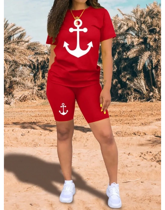 Kadın Kısa Kollu çapa Baskılı Viskon Ikili Takım