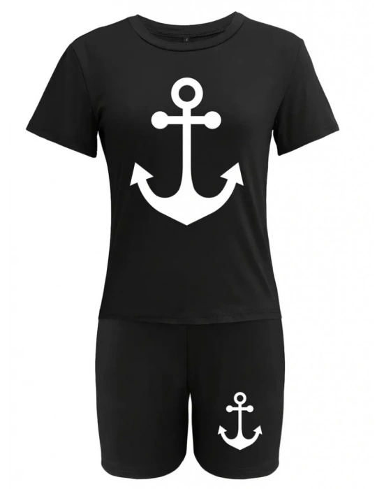 Kadın Kısa Kollu çapa Baskılı Viskon Ikili Takım