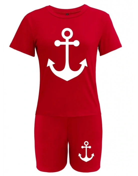 Kadın Kısa Kollu çapa Baskılı Viskon Ikili Takım