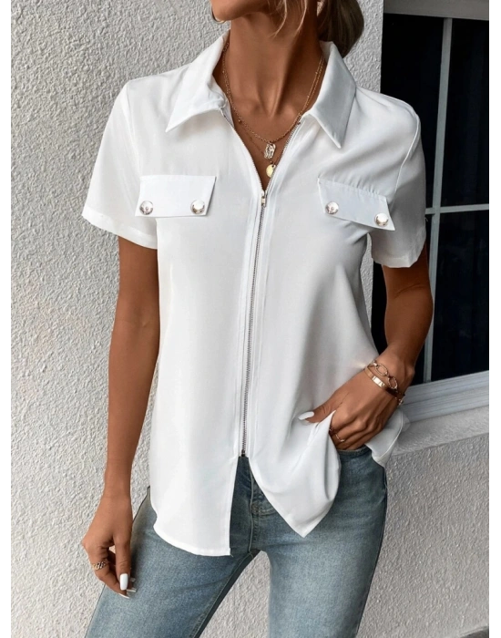 Kadın Kısa Kollu Ceket Yaka önü Fermuarlı Cep Detay Kısa Kol Ithal Krep Bluz