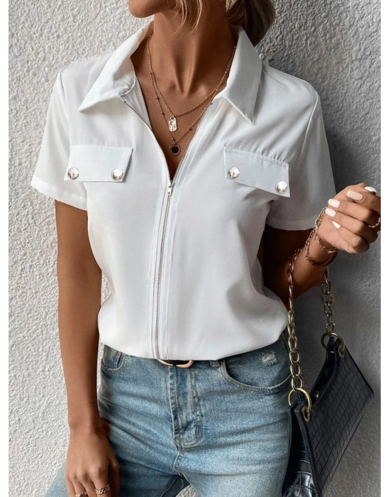 Kadın Kısa Kollu Ceket Yaka önü Fermuarlı Cep Detay Kısa Kol Ithal Krep Bluz