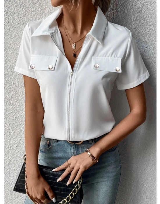 Kadın Kısa Kollu Ceket Yaka önü Fermuarlı Cep Detay Kısa Kol Ithal Krep Bluz