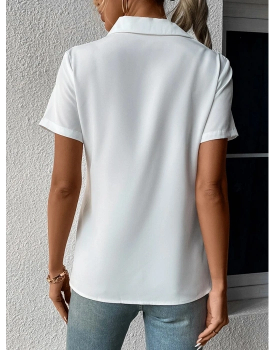 Kadın Kısa Kollu Ceket Yaka önü Fermuarlı Cep Detay Kısa Kol Ithal Krep Bluz