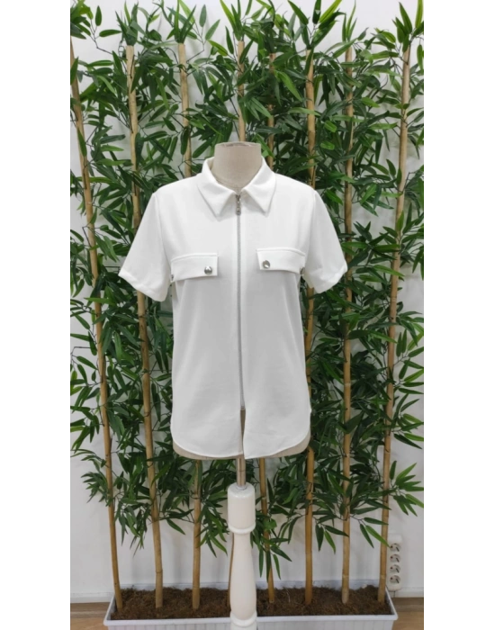 Kadın Kısa Kollu Ceket Yaka önü Fermuarlı Cep Detay Kısa Kol Ithal Krep Bluz