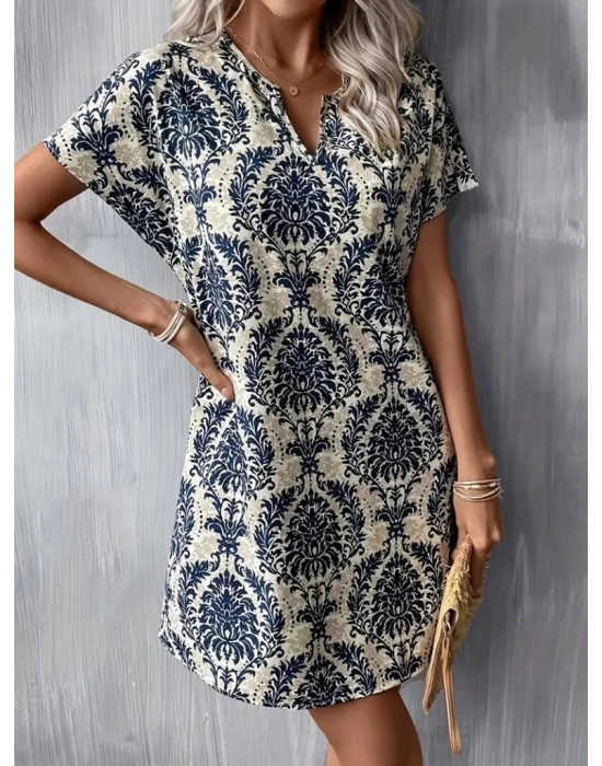 Kadın Kısa Kollu çentik Yaka çiçek Desenli Keten Elbise