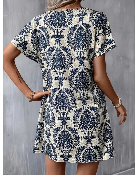 Kadın Kısa Kollu çentik Yaka çiçek Desenli Keten Elbise