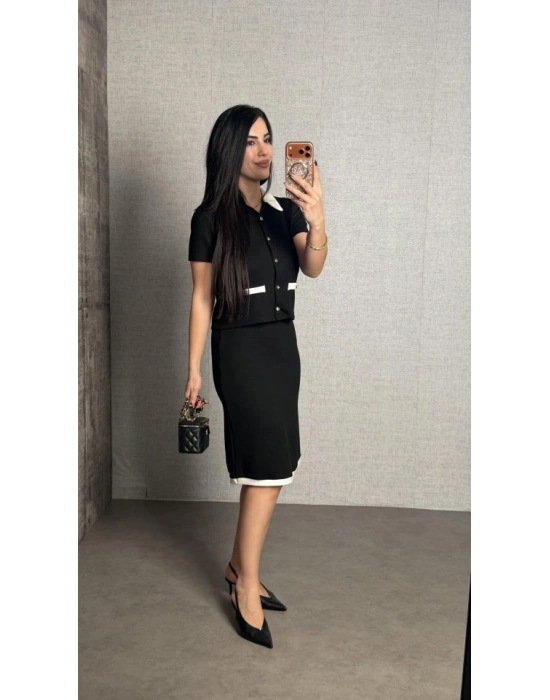 Kadın Kısa Kollu Cep Ve Düğme Detay Ceket Ve Diz üstü Etek Ikili Takım