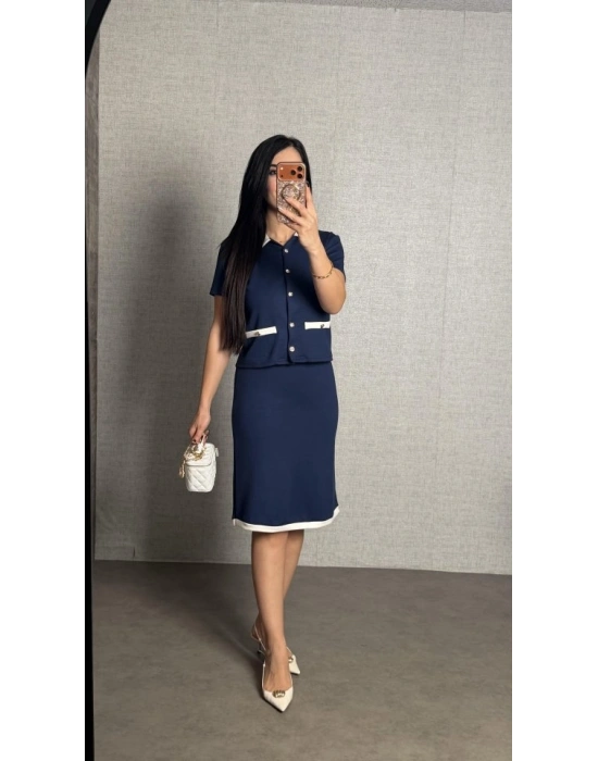 Kadın Kısa Kollu Cep Ve Düğme Detay Ceket Ve Diz üstü Etek Ikili Takım