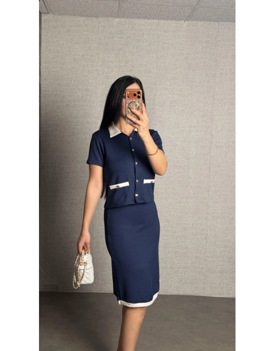 Kadın Kısa Kollu Cep Ve Düğme Detay Ceket Ve Diz üstü Etek Ikili Takım