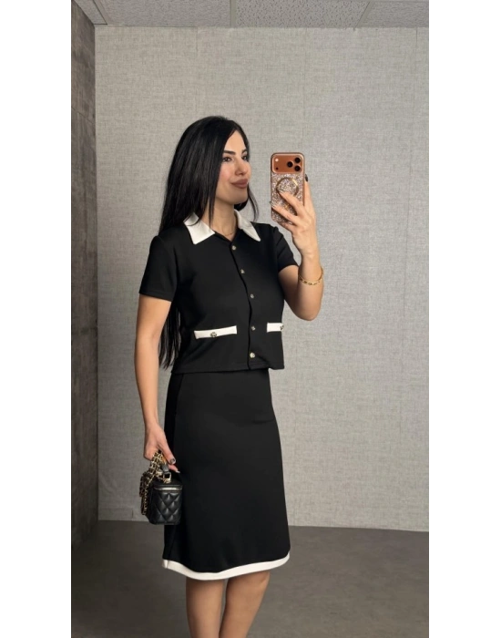 Kadın Kısa Kollu Cep Ve Düğme Detay Ceket Ve Diz üstü Etek Ikili Takım