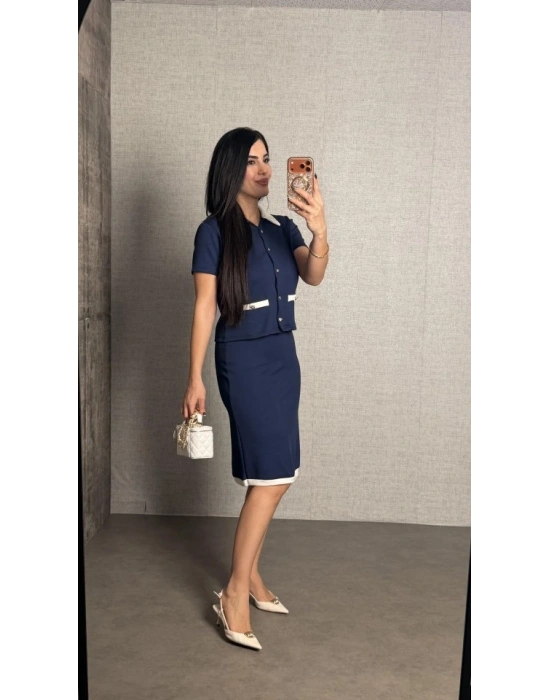 Kadın Kısa Kollu Cep Ve Düğme Detay Ceket Ve Diz üstü Etek Ikili Takım