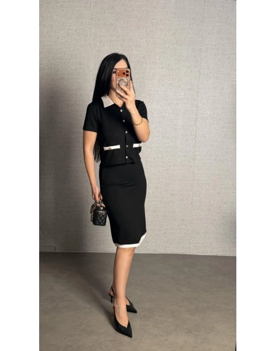 Kadın Kısa Kollu Cep Ve Düğme Detay Ceket Ve Diz üstü Etek Ikili Takım