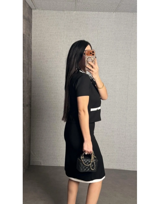 Kadın Kısa Kollu Cep Ve Düğme Detay Ceket Ve Diz üstü Etek Ikili Takım