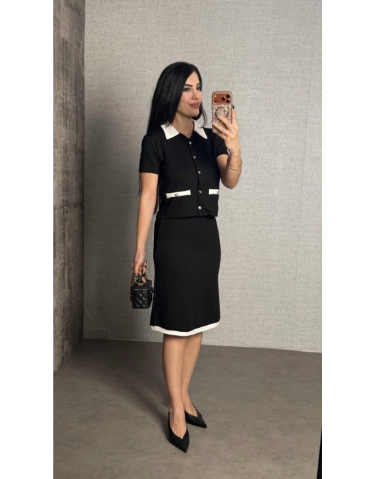 Kadın Kısa Kollu Cep Ve Düğme Detay Ceket Ve Diz üstü Etek Ikili Takım