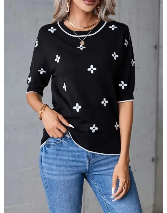 Kadın Kısa Kollu çiçek Desen Bluz