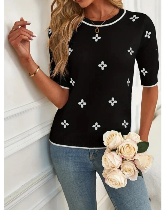 Kadın Kısa Kollu çiçek Desen Bluz