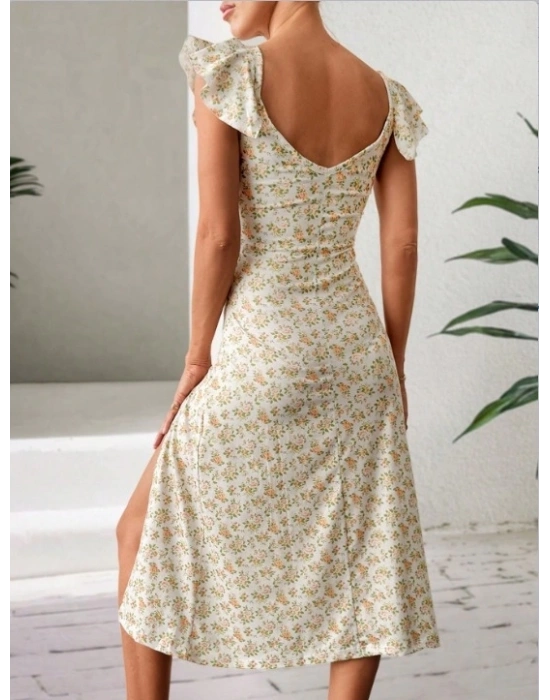 Kadın Kısa Kollu çiçek Desen Yırtmaçlı Süprem Elbise