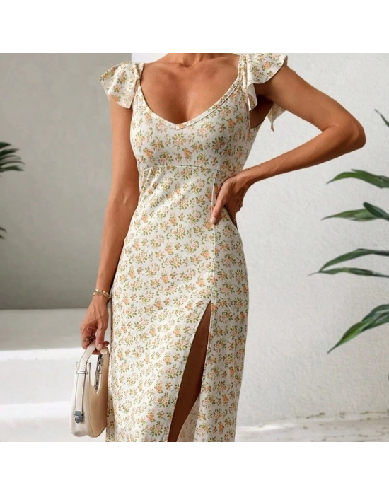 Kadın Kısa Kollu çiçek Desen Yırtmaçlı Süprem Elbise