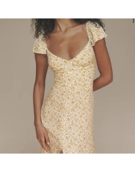 Kadın Kısa Kollu çiçek Desen Yırtmaçlı Süprem Elbise