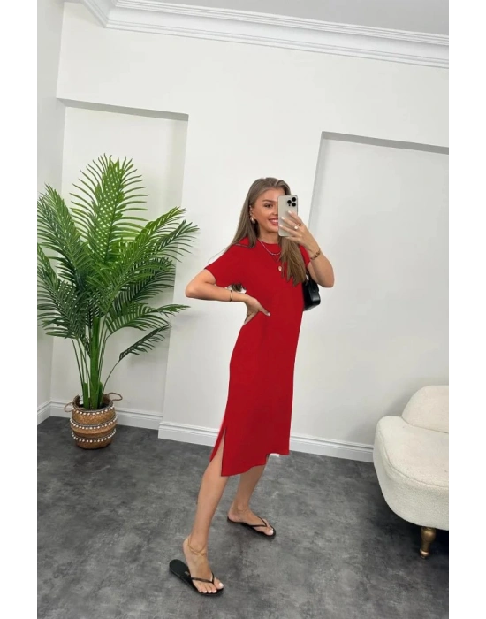 Kadın Kısa Kollu çift Yırtmaç Detaylı Salaş Viskon Elbise