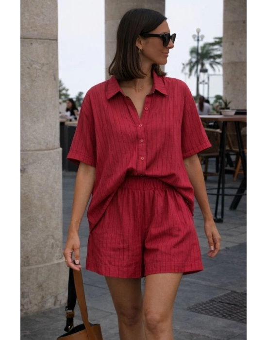 Kadın Kısa Kollu çizgili Modal Kumaş Gömlek Ve Yüksek Bel Lastik Detay şort Ikili Takım