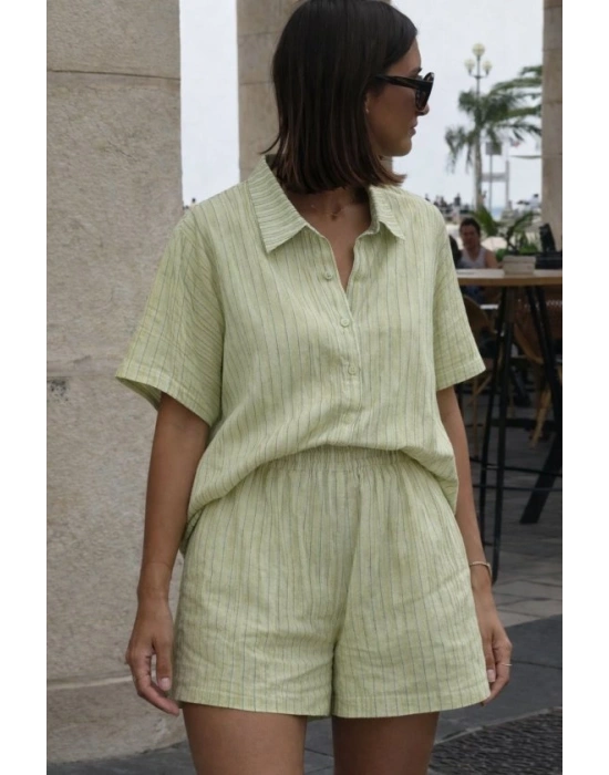Kadın Kısa Kollu çizgili odal Kumaş Gömlek Ve Yüksek Bel astik Detay şort Ikili Takım