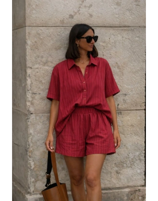 Kadın Kısa Kollu çizgili Modal Kumaş Gömlek Ve Yüksek Bel Lastik Detay şort Ikili Takım