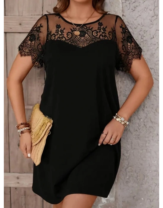 Kadın Kısa Kollu Dantel Bisiklet Yaka Ve Kol Dantel Detaylı Janjan Krep Elbise