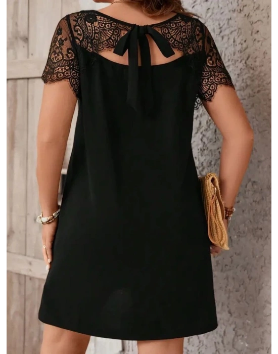 Kadın Kısa Kollu Dantel Bisiklet Yaka Ve Kol Dantel Detaylı Janjan Krep Elbise