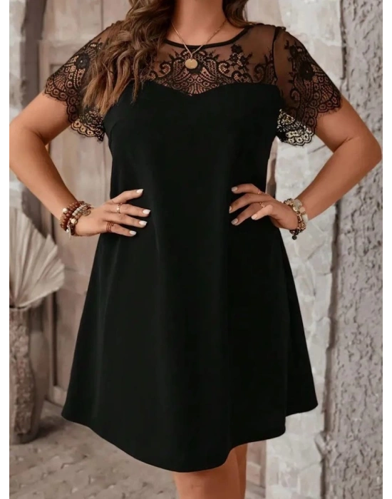 Kadın Kısa Kollu Dantel Bisiklet Yaka Ve Kol Dantel Detaylı Janjan Krep Elbise