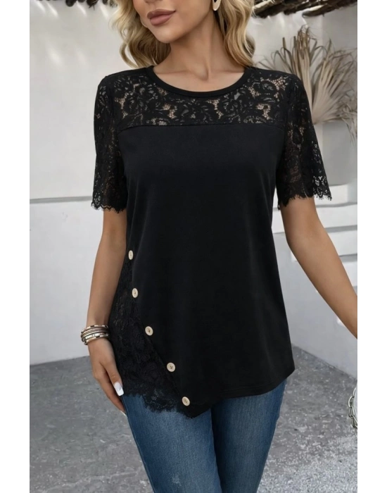 Kadın Kısa Kollu Dantel Detaylı Yandan Düğmeli Waffle Bluz