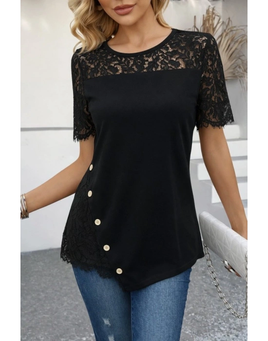Kadın Kısa Kollu Dantel Detaylı Yandan Düğmeli Waffle Bluz